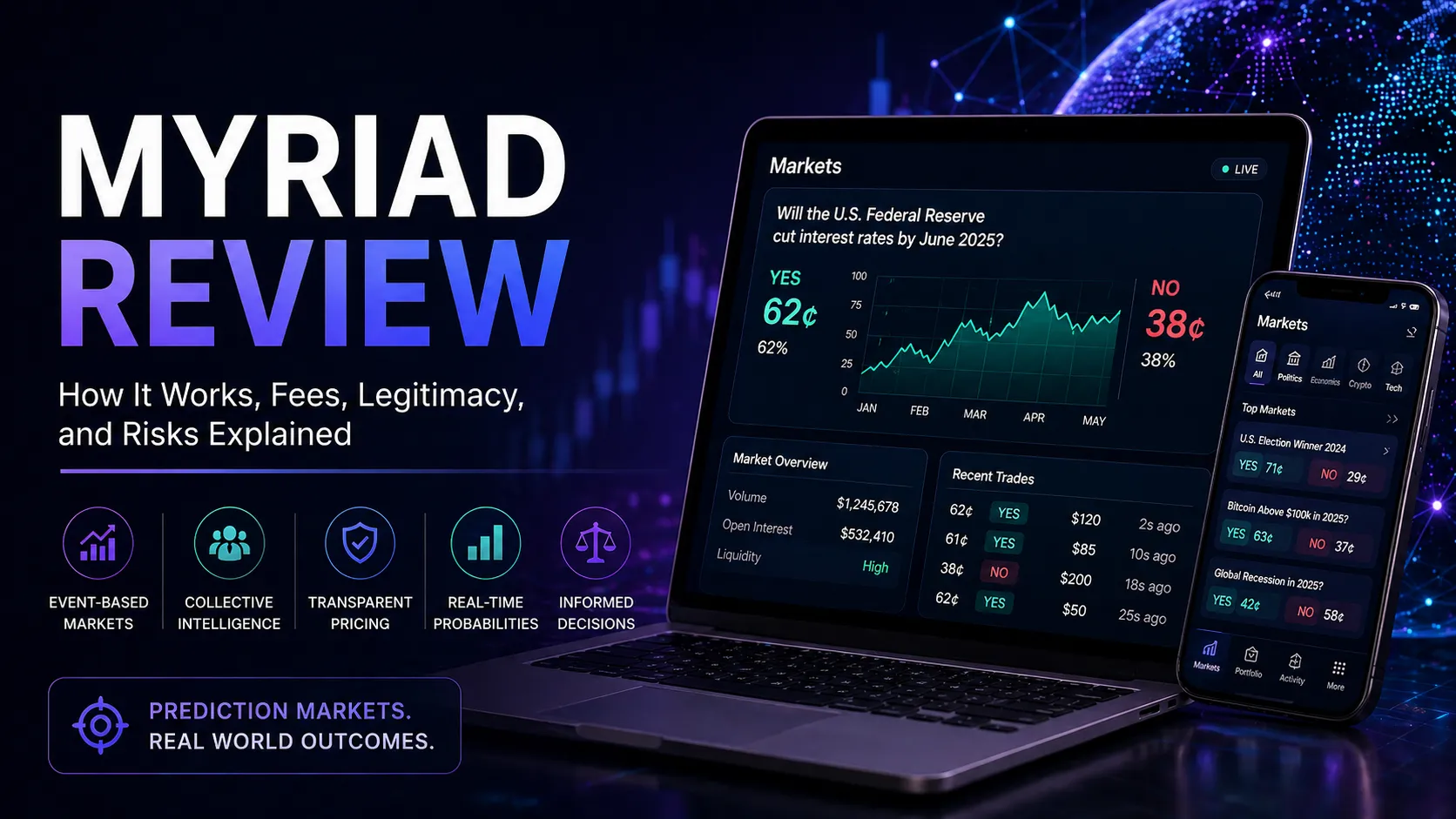 Futuristic financial dashboard showing prediction market interface with probability charts, event-based contracts, and real-time pricing across devices